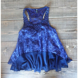 Vintage Free People Tank Top Small Blue Lace Sheer High Low Boho Fairy 90s Y2K
